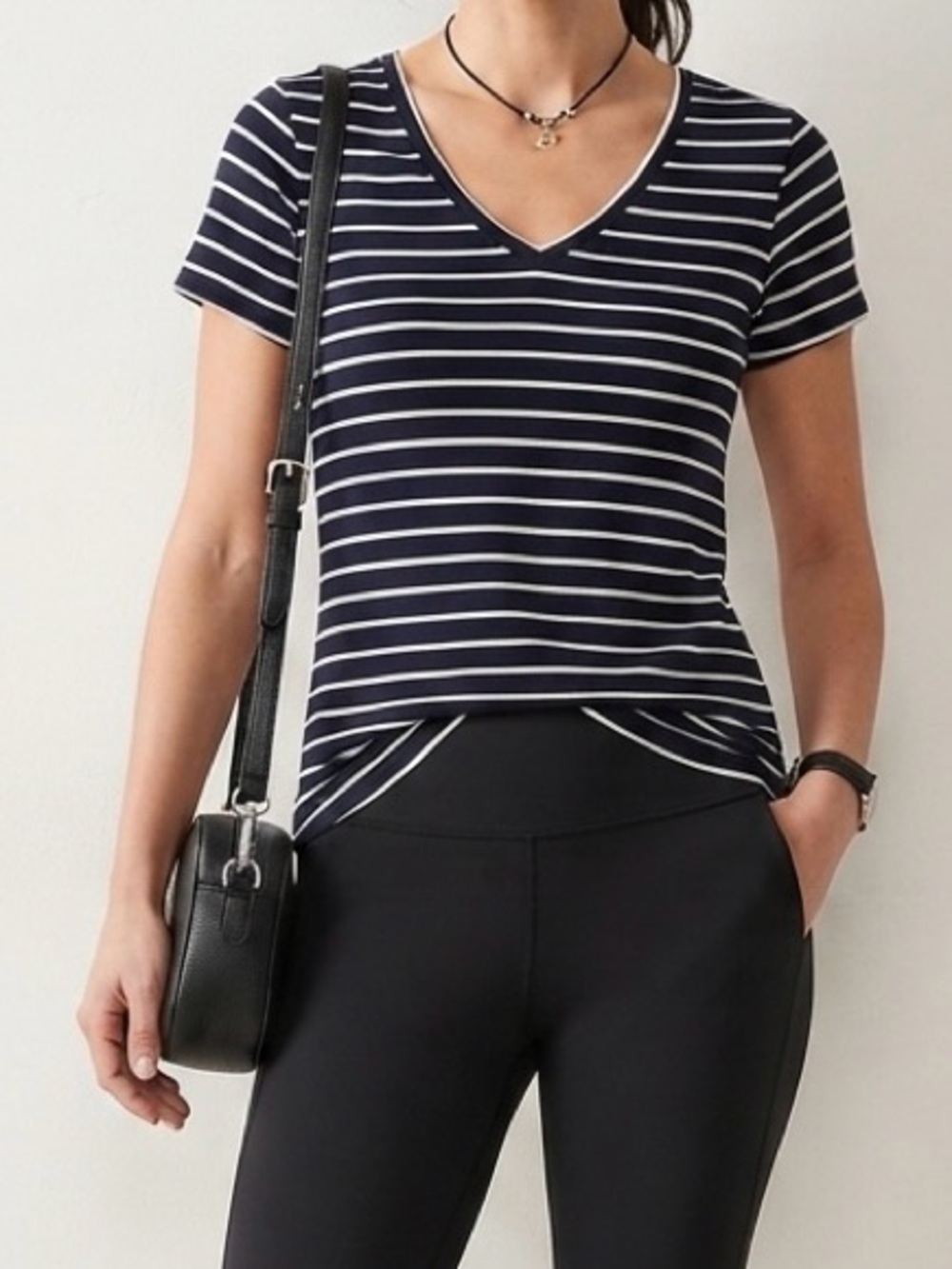 Green Envelope • Navy & White Striped Lightweight V-Neck Tee